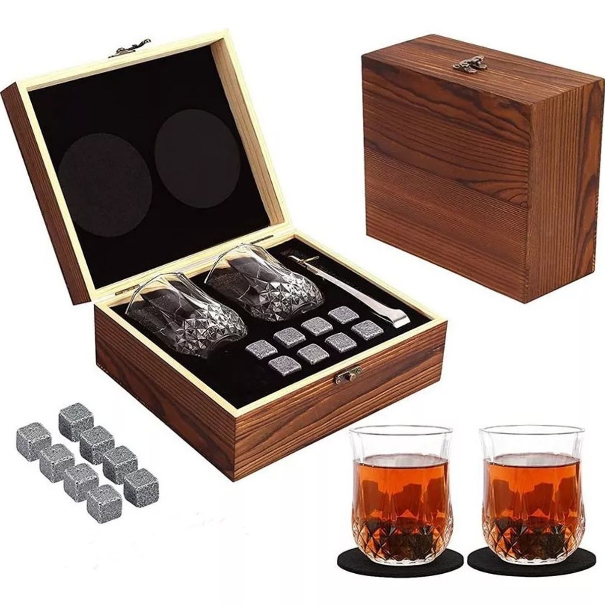 MUNDO MAGIA - Juego De Regalo De Piedra Para Whisky Y 2 Vasos De Cristal