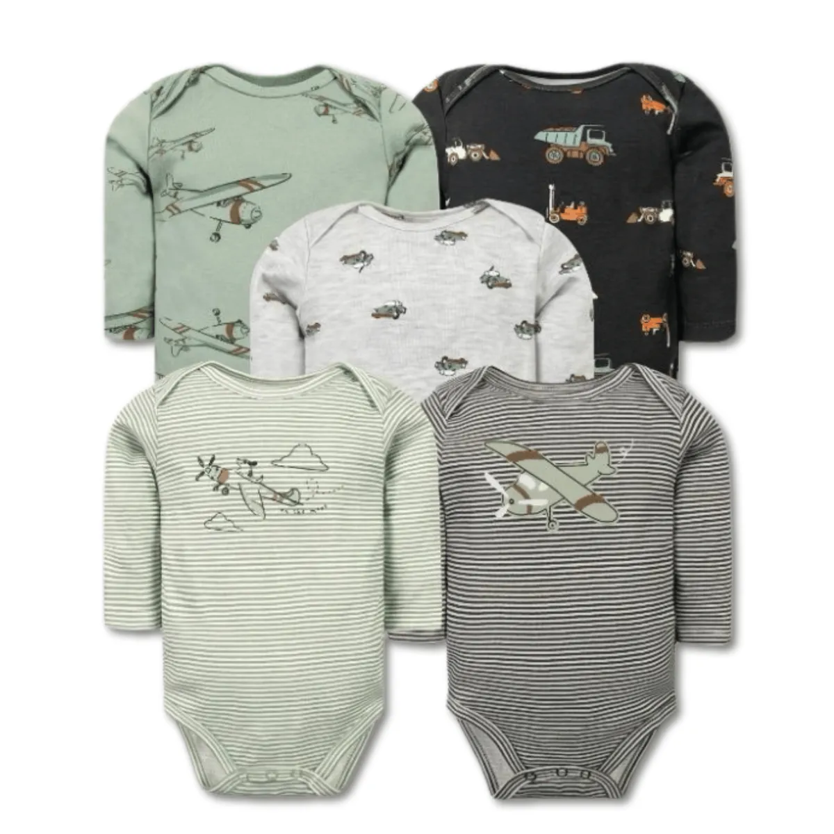 TEDMIMAK - Pack 5 Bodys Bebé Niño Manga Larga 100% Algodón Adventure Planes