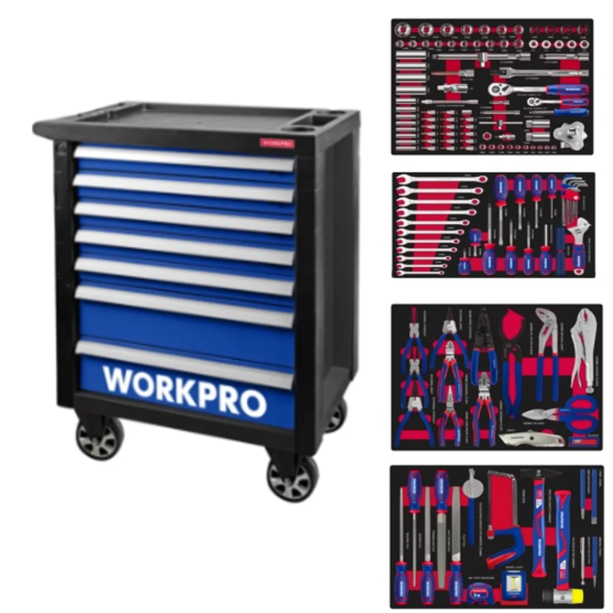 WORKPRO - Carro Porta Herramienta Wrokpro 199 Piezas y 6 Bandejas