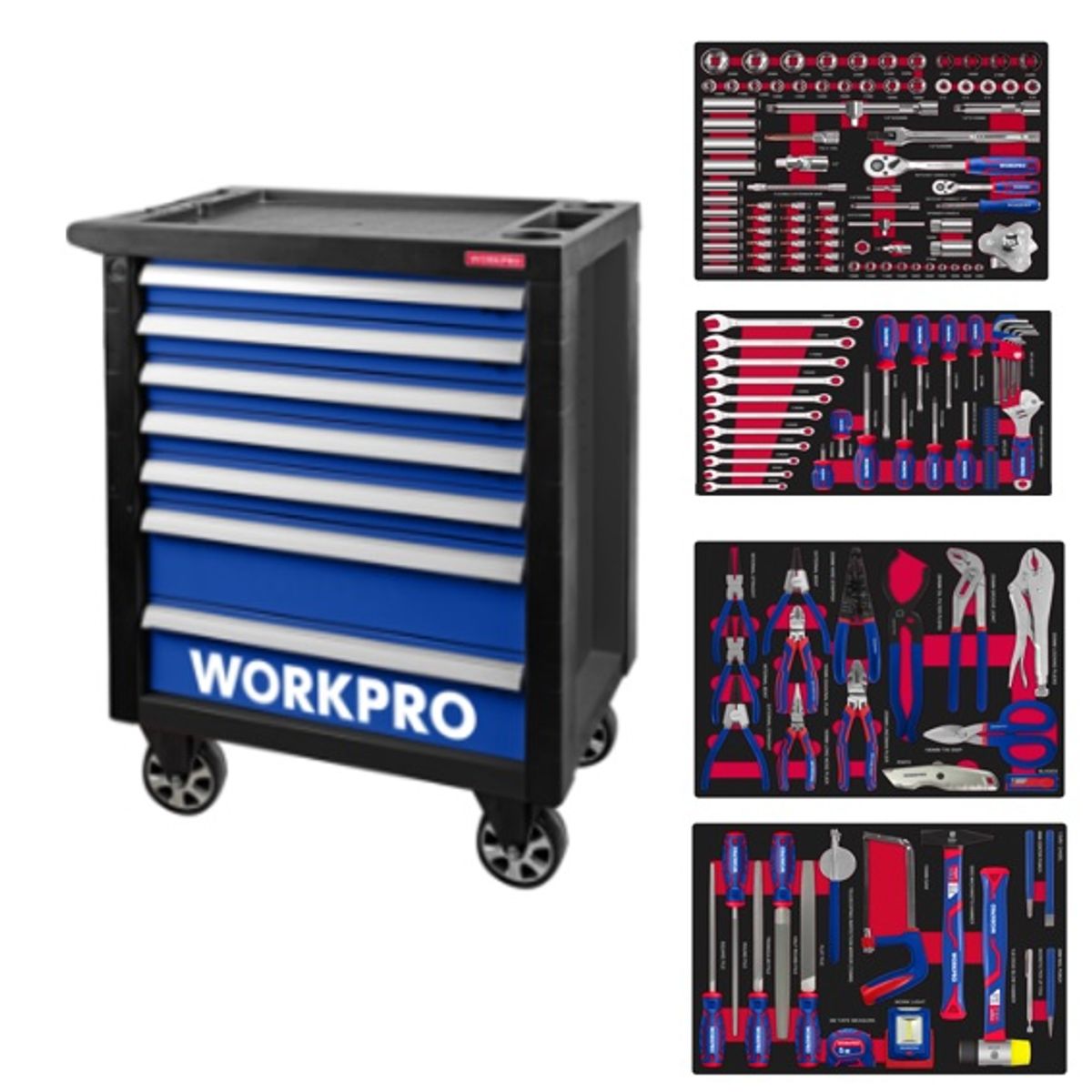 WORKPRO - Carro Porta Herramienta Wrokpro 199 Piezas y 6 Bandejas