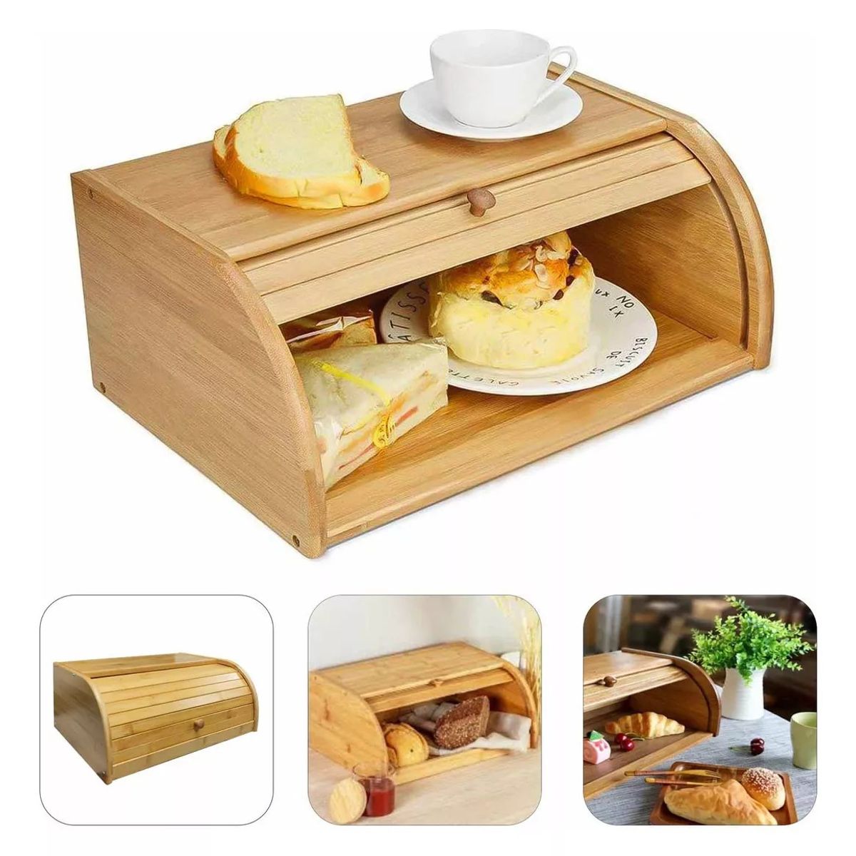 MUNDO MAGIA - Caja Pan Madera Bambu Con Tapa Enrollable Multiuso Grande