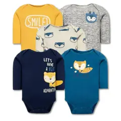 TEDMIMAK - Pack 5 Bodys Bebé Niño Manga Larga 100% Algodón Fox Adventure