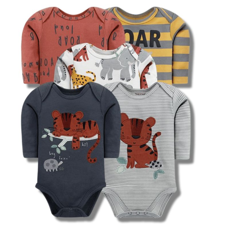 TEDMIMAK - Pack 5 Bodys Bebé Niño Manga Larga 100% Algodón Safari Buddie