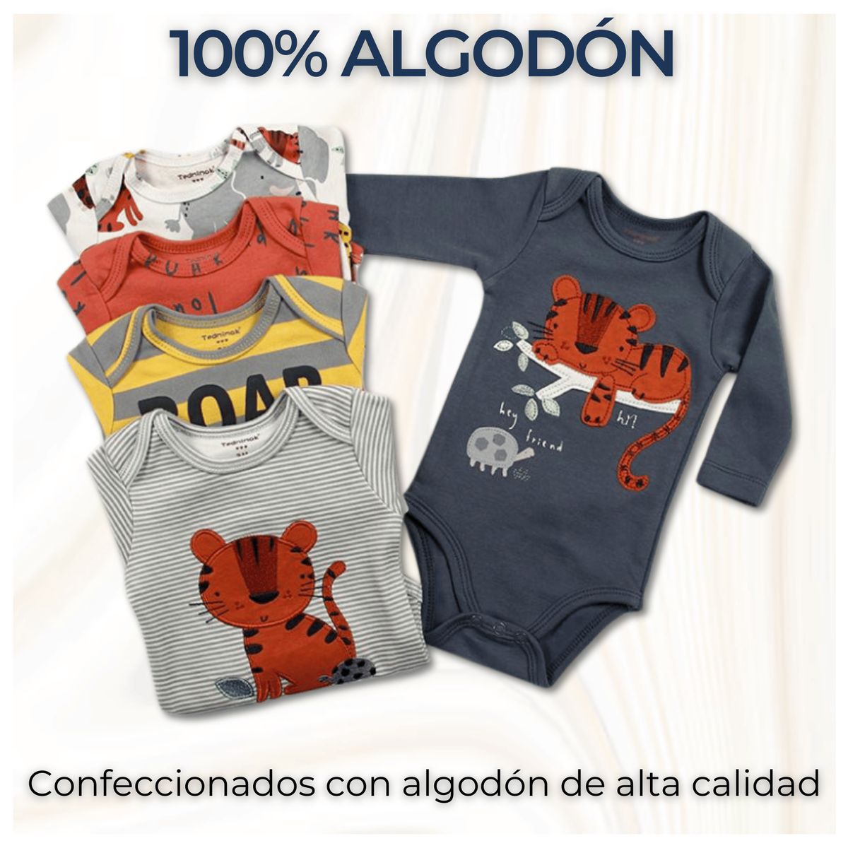 TEDMIMAK - Pack 5 Bodys Bebé Niño Manga Larga 100% Algodón Safari Buddie
