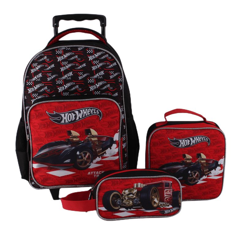 HOT WHEELS - Pack Escolar Mochila con ruedas Estuche y Lonchera Hot Wheels