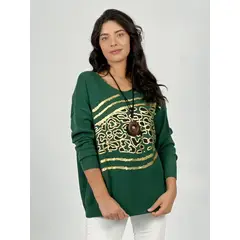 ENIGMATICA BOUTIQUE - Sweater Spandex Diseño Print con Dorado - Café - Único
