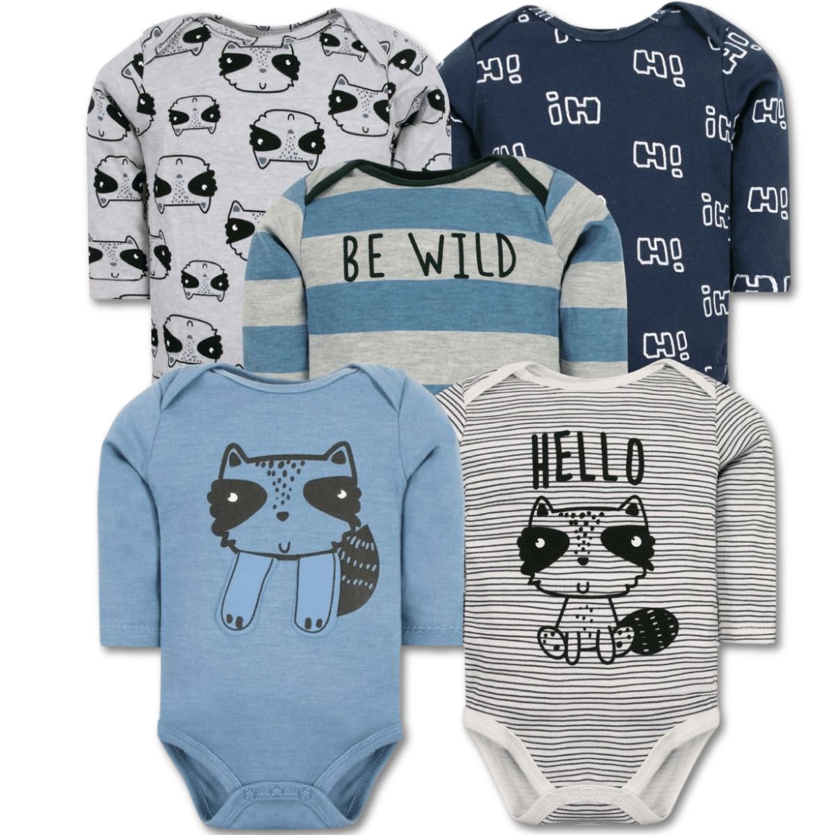 TEDMIMAK - Pack 5 Bodys Bebé Niño Manga Larga 100% Algodón Hello Fox