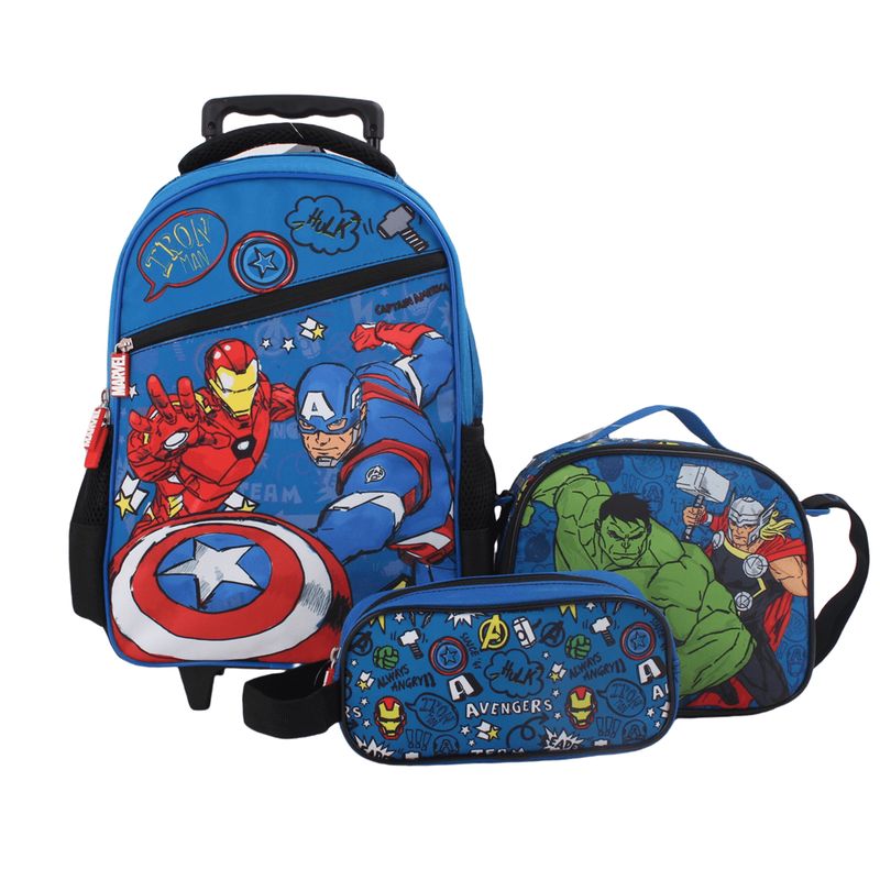 DISNEY - Pack Escolar Mochila con ruedas Estuche y Lonchera Avengers 2