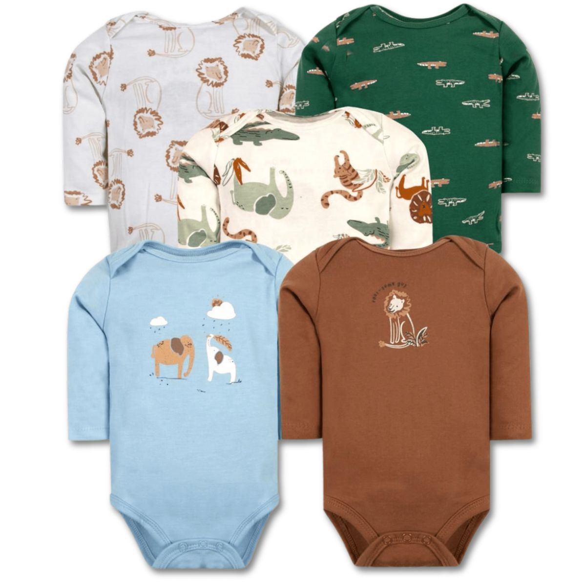 TEDMIMAK - Pack 5 Bodys Bebé Niño Manga Larga 100% Algodón Fun animals