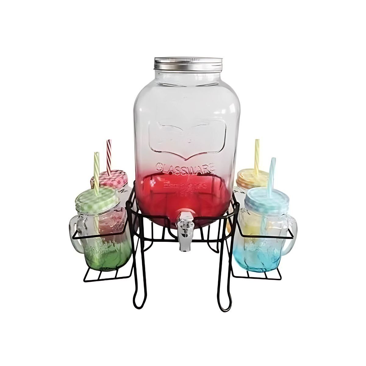 TODODESCUENTO - Pack Dispensador + 4 Jarros Vidrio Ice Cold Drink Jars,retro