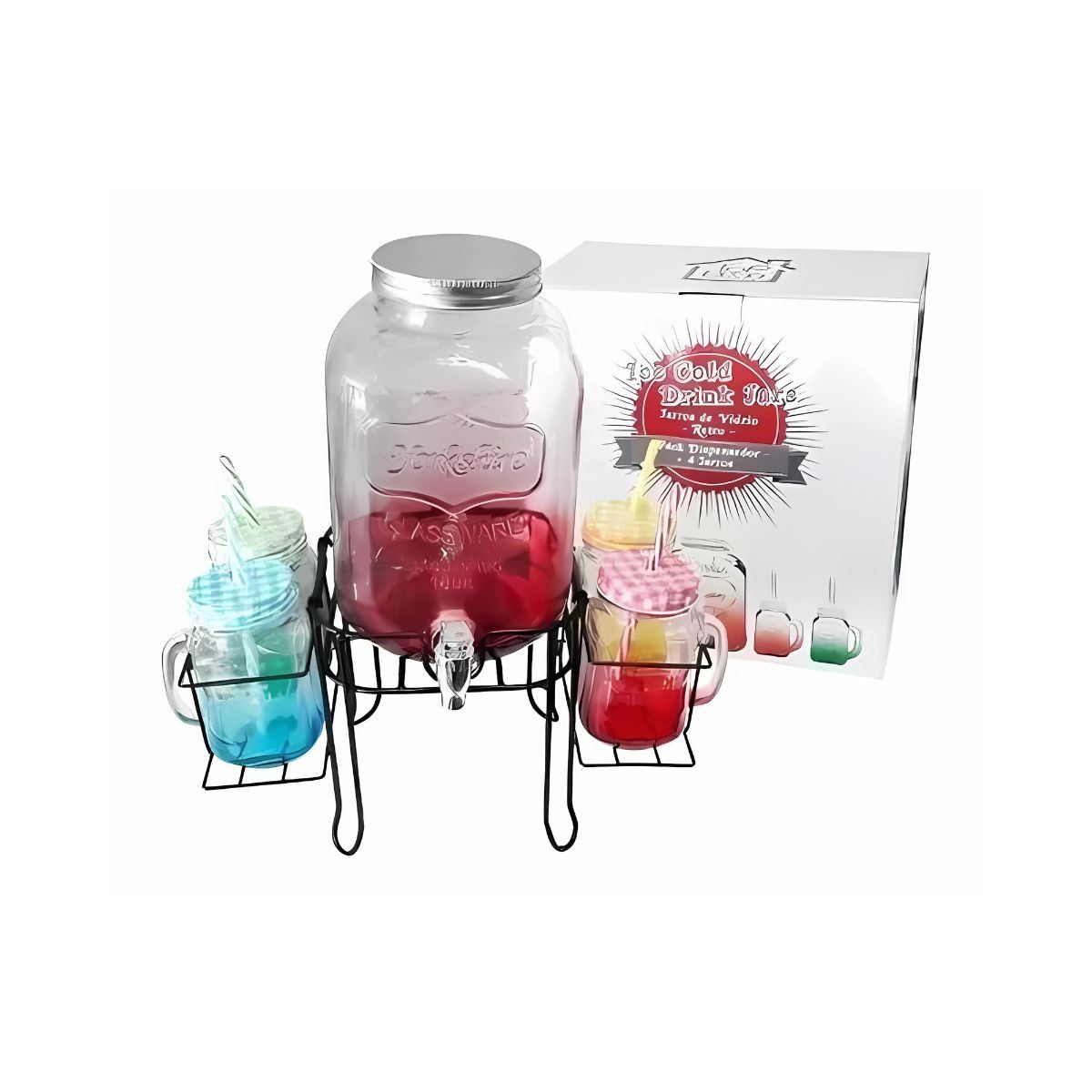 TODODESCUENTO - Pack Dispensador + 4 Jarros Vidrio Ice Cold Drink Jars,retro