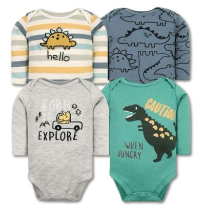 Imagen 1 del producto Pack 4 Bodys Bebé Niño Manga Larga 100% Algodón Buddies Dinosaur