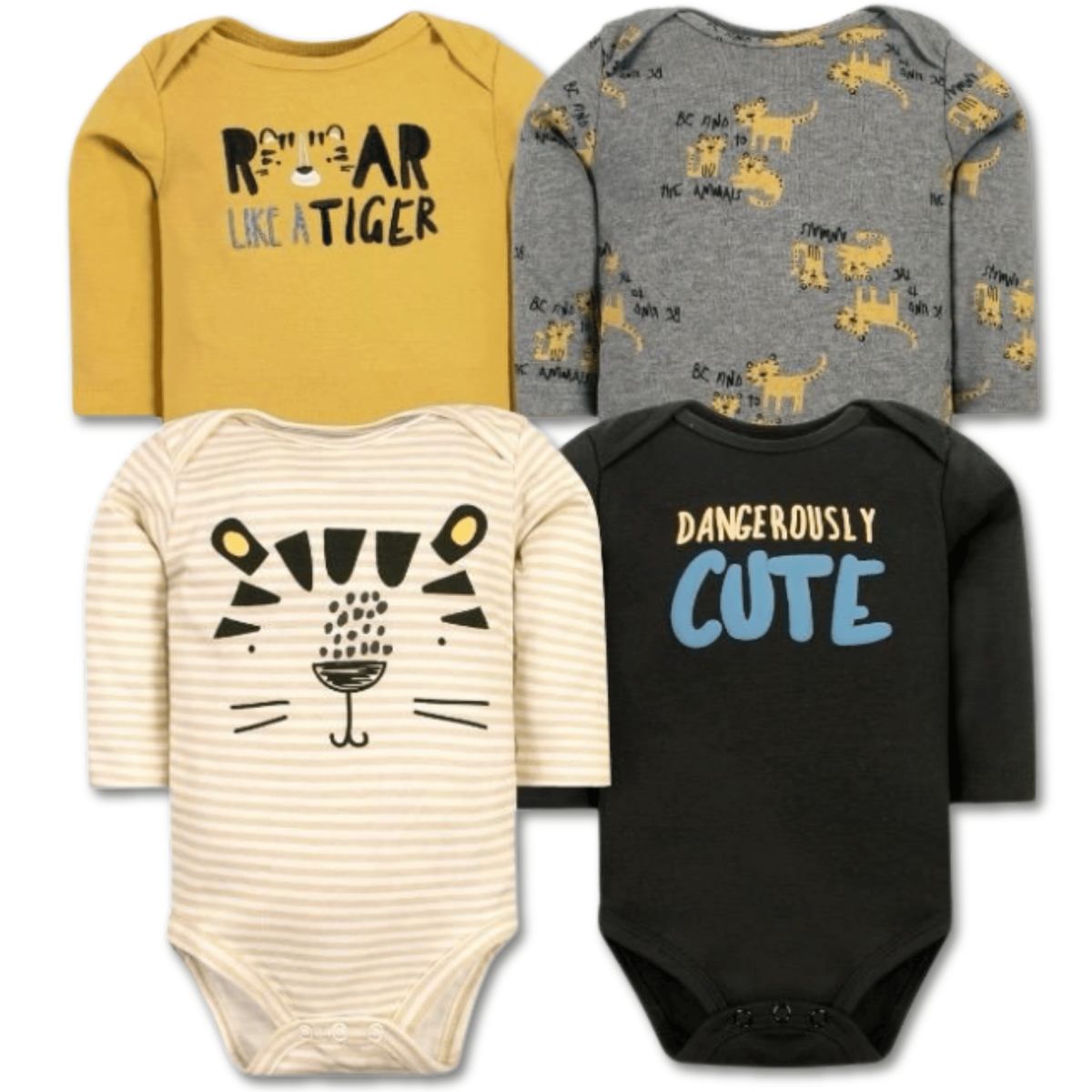 TEDMIMAK - Pack 4 Bodys Bebé Niño Manga Larga 100% Algodón Cute Tigers