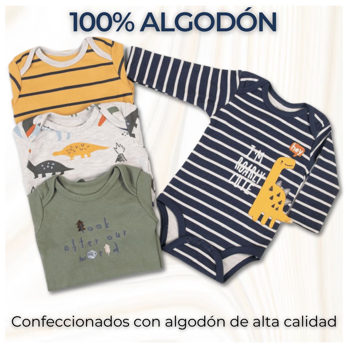 TEDMIMAK - Pack 4 Bodys Bebé Niño Manga Larga 100% Algodón Dinosaur Pistachios