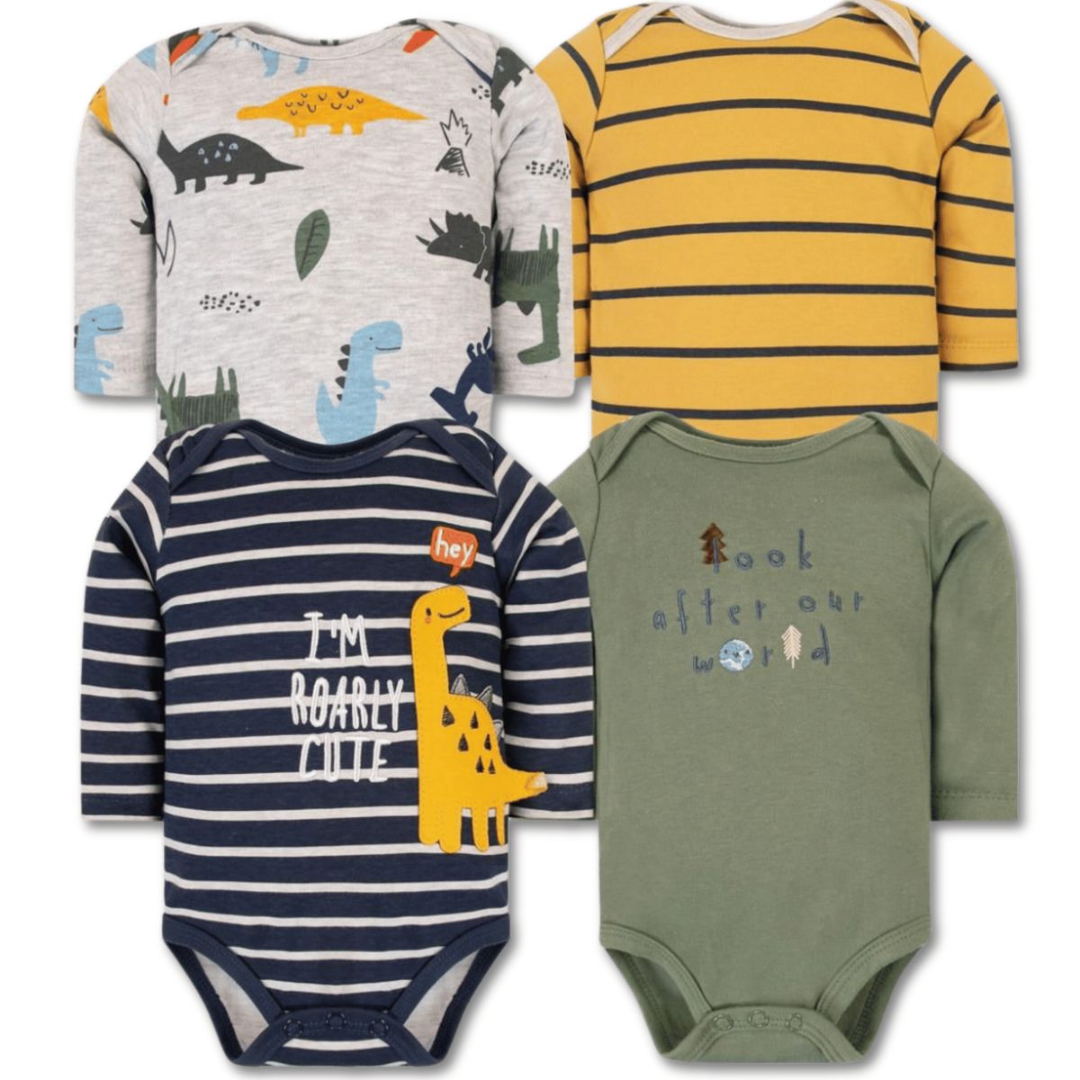TEDMIMAK - Pack 4 Bodys Bebé Niño Manga Larga 100% Algodón Dinosaur Pistachios