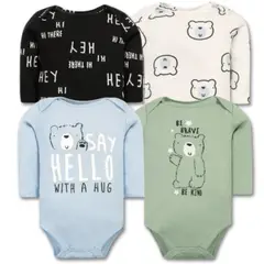 TEDMIMAK - Pack 4 Bodys Bebé Niño Manga Larga 100% Algodón Baby Bear
