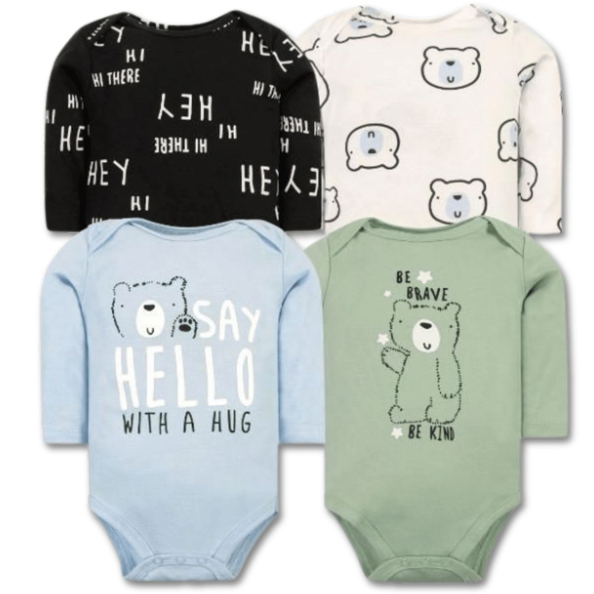 TEDMIMAK - Pack 4 Bodys Bebé Niño Manga Larga 100% Algodón Baby Bear