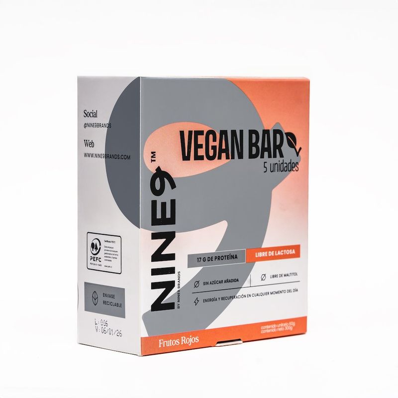 NINE9 BRANDS - Barras de Proteina Vegana NINE9 Bar Frutos Rojos - 5 unidades