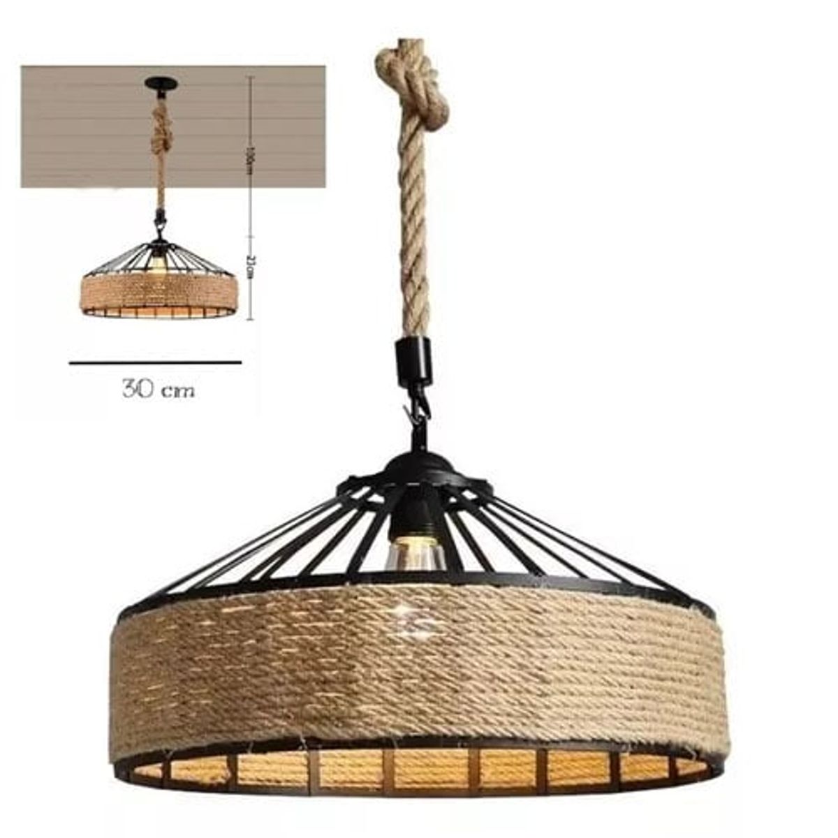 GENERICO - Lampara Colgante de Metal Con Cuerda Cáñamo