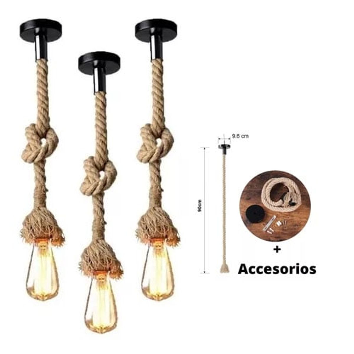 GENERICO - Pack 3 Lampara Colgante Cáñamo Vintage
