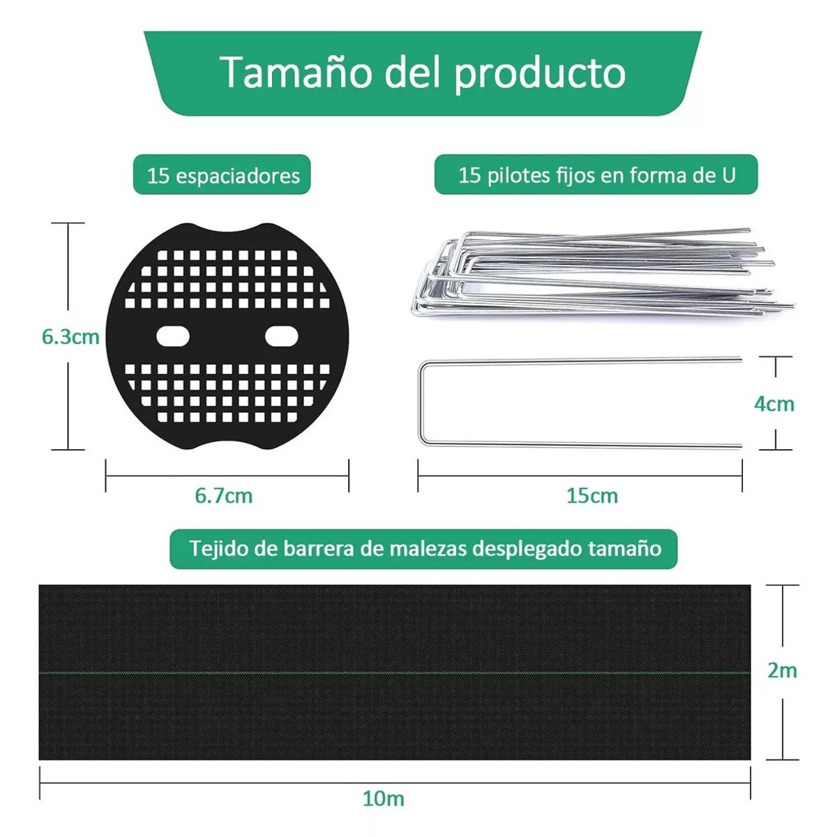 KUANGYE - Malla Antimaleza Cubresuelo 2x10m+15 Espaciador+15clavo En U