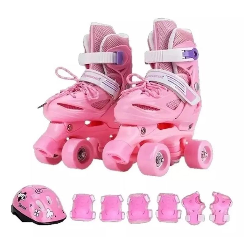 MUNDO MAGIA - Patines 4 Ruedas Ajustable Para Niñas Rosa+ Kit De Seguridad
