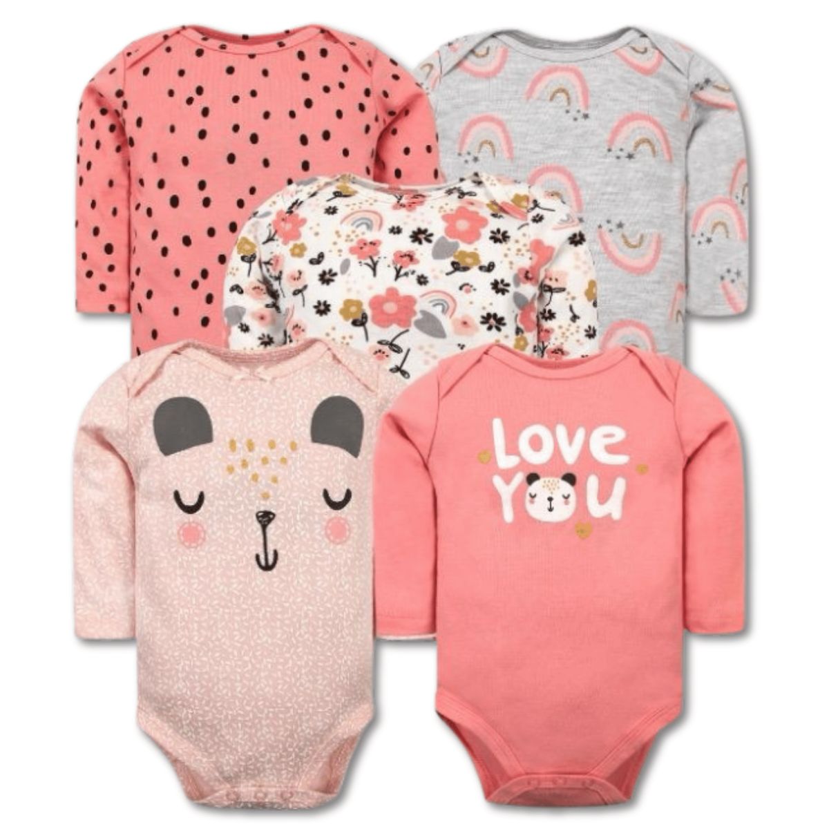 TEDMIMAK - Pack 5 Bodys Bebé Niña Manga Larga 100% Algodón Diseño Love You