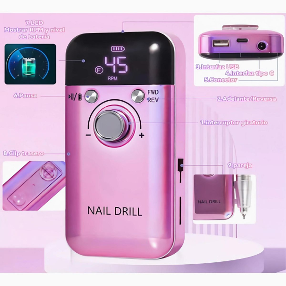 MUNDO MAGIA - Pulidor De Uñas Esmeril Profesional Drill Portátil 45000 Rpm