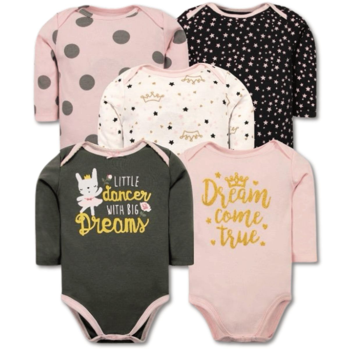 TEDMIMAK - Pack 5 Bodys Bebé Niña Manga Larga 100% Algodón Diseño Ballet Dreams