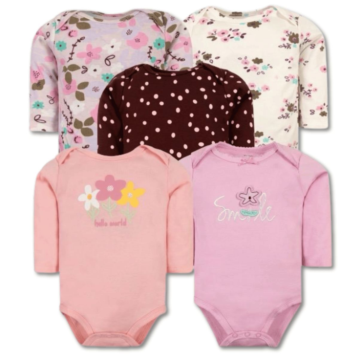 TEDMIMAK - Pack 5 Bodys Bebé Niña Manga Larga 100% Algodón Diseño Petal & Flowers