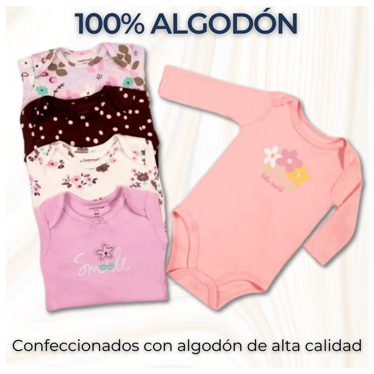 TEDMIMAK - Pack 5 Bodys Bebé Niña Manga Larga 100% Algodón Diseño Petal & Flowers