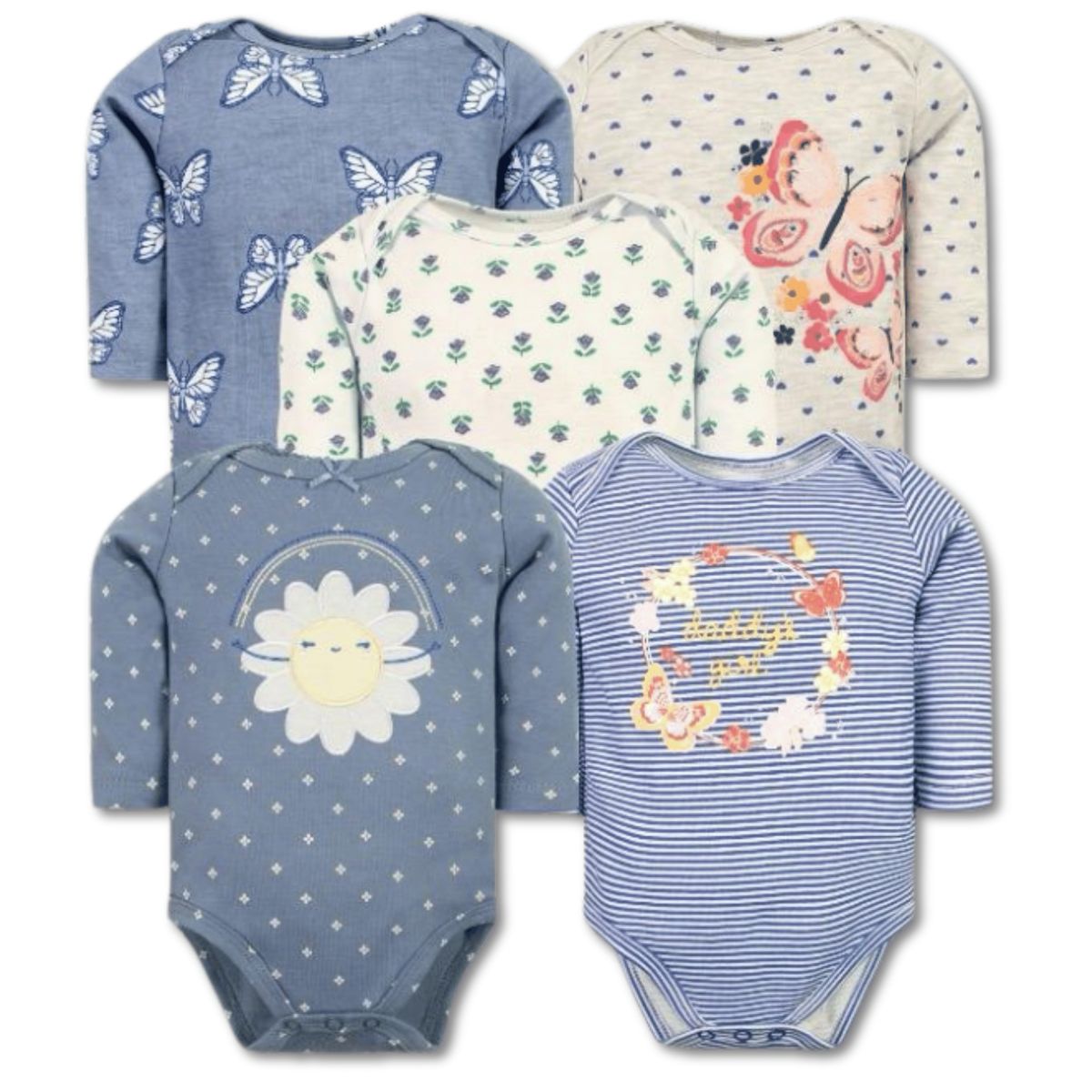 TEDMIMAK - Pack 5 Bodys Bebé Niña Manga Larga 100% Algodón Diseño Sky Blue Floral