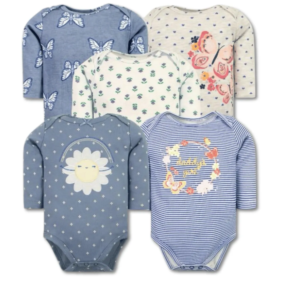 TEDMIMAK - Pack 5 Bodys Bebé Niña Manga Larga 100% Algodón Diseño Sky Blue Floral