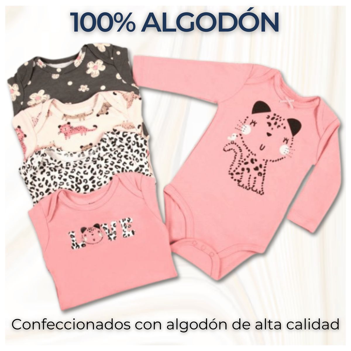 TEDMIMAK - Pack 5 Bodys Bebé Niña Manga Larga 100% Algodón Pink Cat