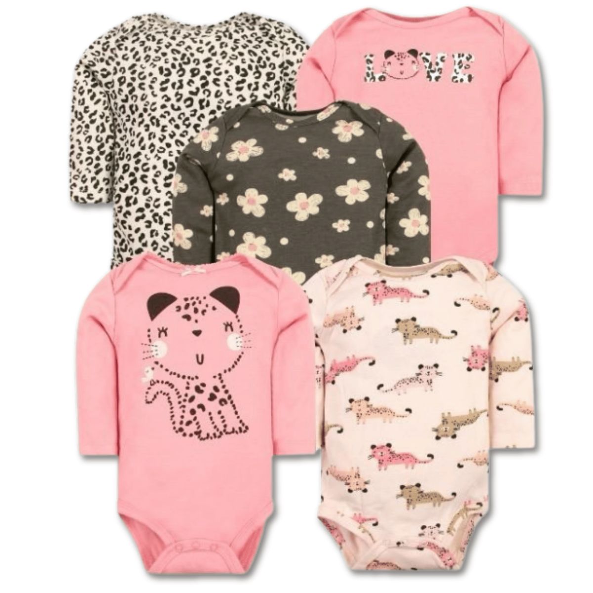 TEDMIMAK - Pack 5 Bodys Bebé Niña Manga Larga 100% Algodón Pink Cat