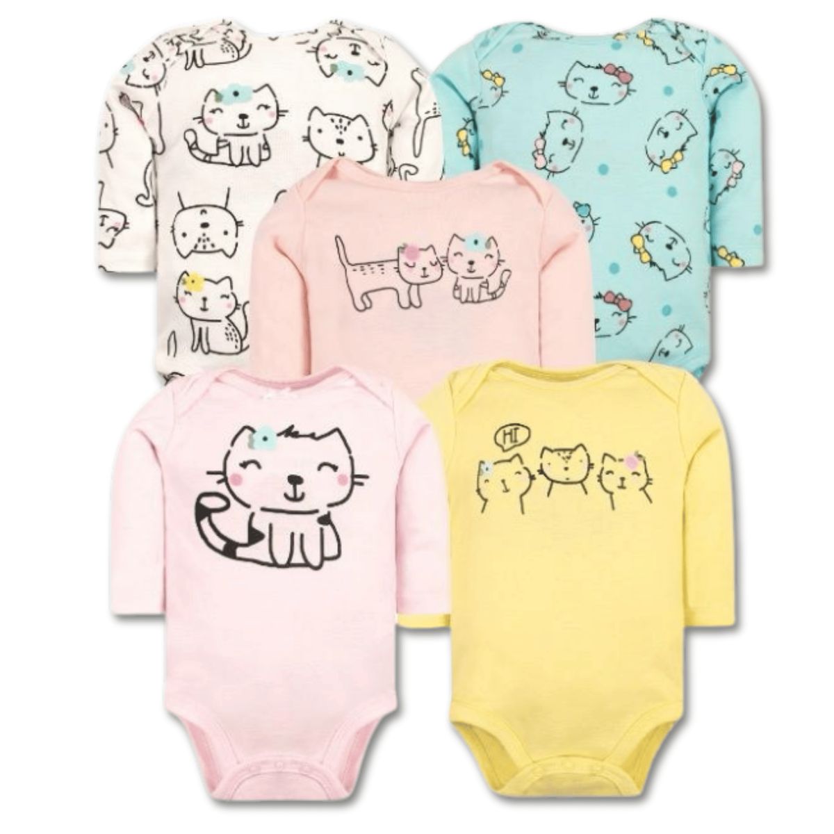 TEDMIMAK - Pack 5 Bodys Bebé Niña Manga Larga 100% Algodón Cats Babies