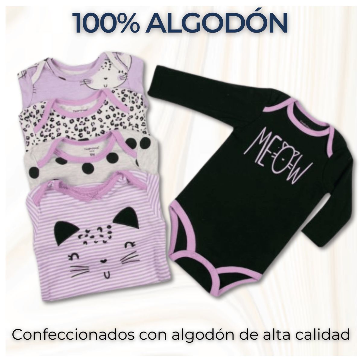 TEDMIMAK - Pack 5 Bodys Bebé Niña Manga Larga 100% Algodón Diseño Happy Cat
