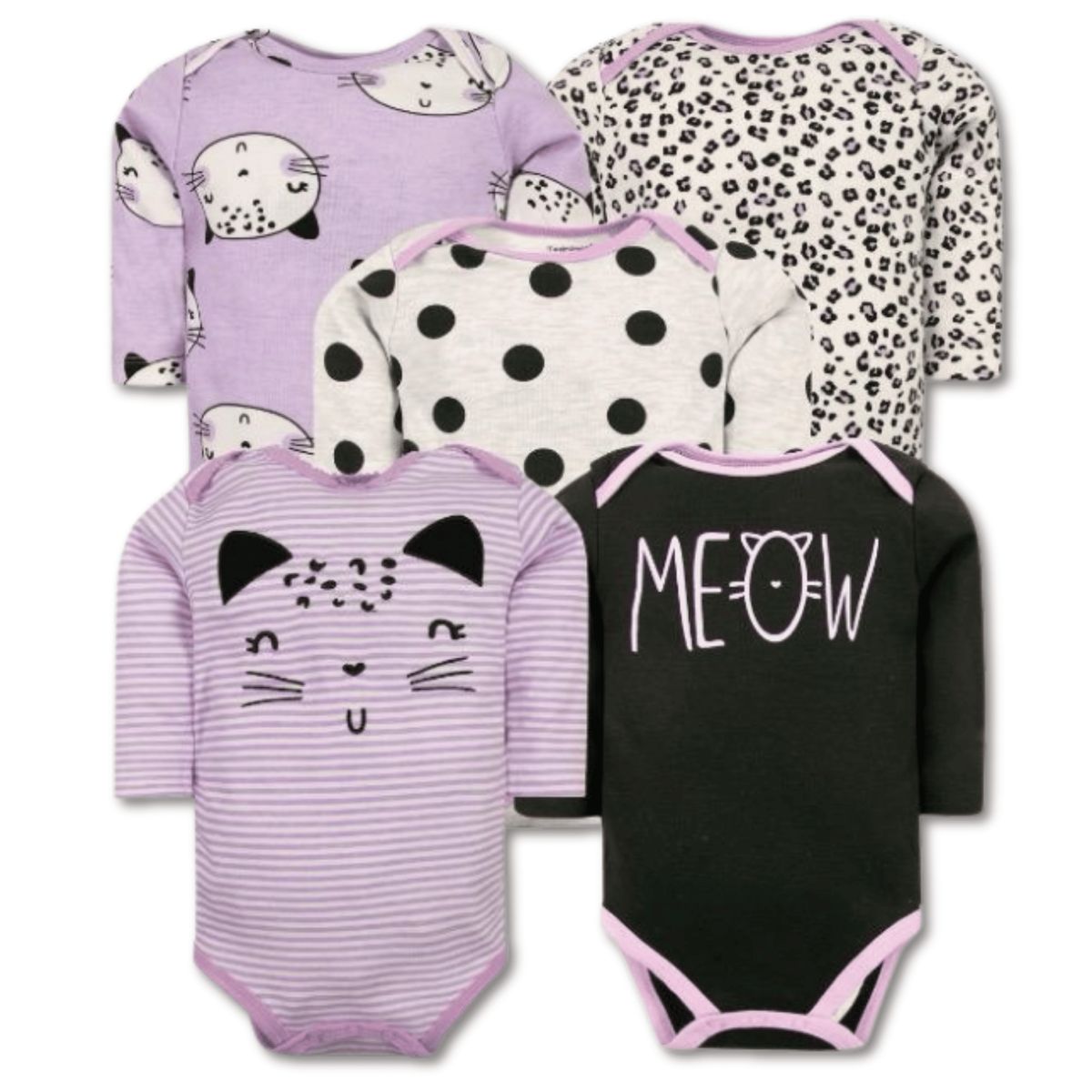 TEDMIMAK - Pack 5 Bodys Bebé Niña Manga Larga 100% Algodón Diseño Happy Cat