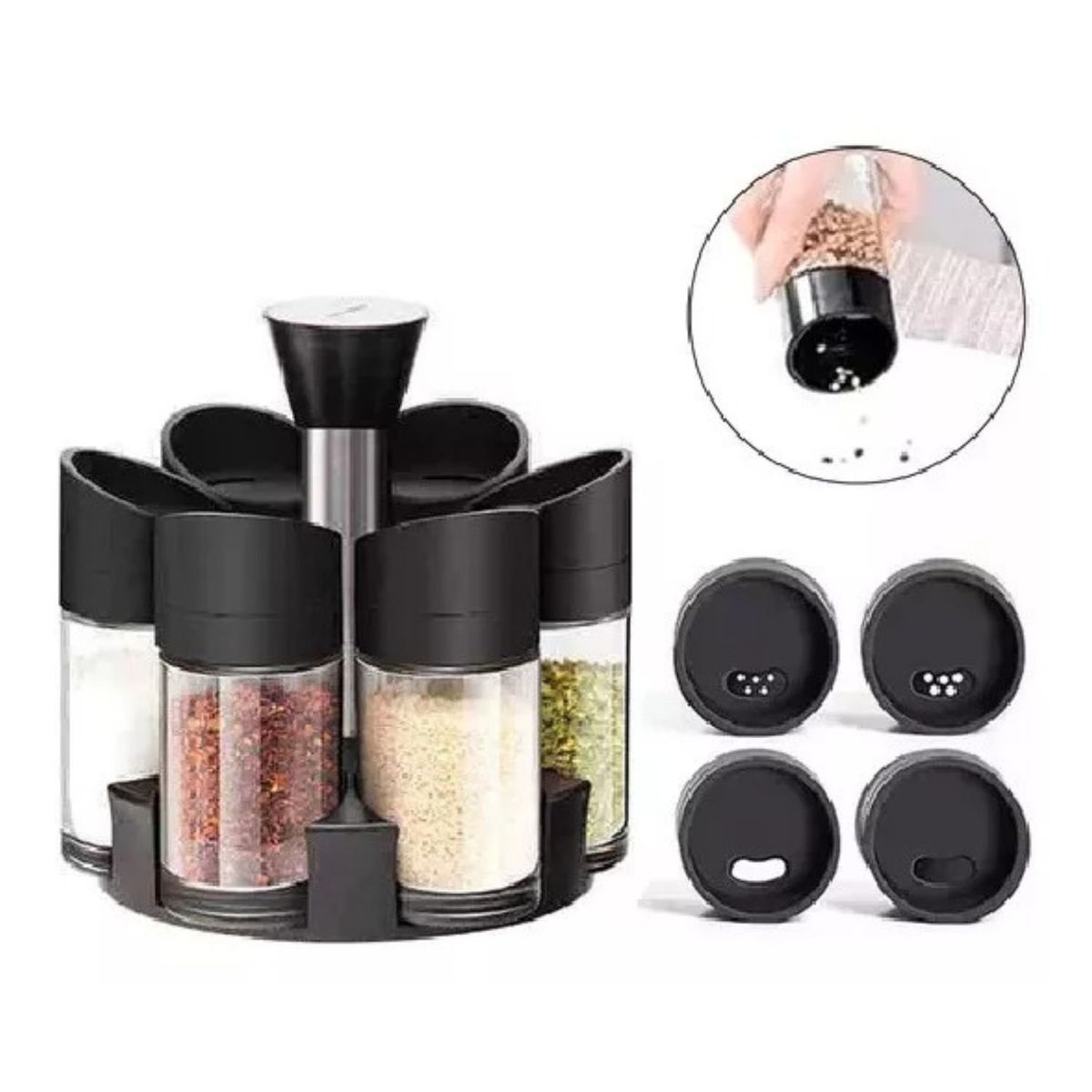 GENERICO - Especiero Girador Tapa Plástica 14cm Diseño Elegante Negro