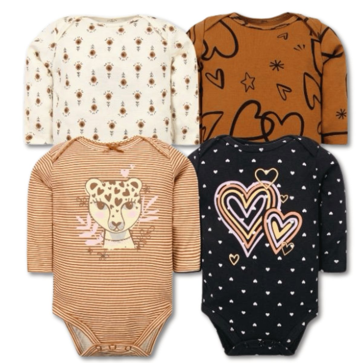 TEDMIMAK - Pack 4 Bodys Bebé Niña Manga Larga Tedmimak 100% Algodón Hearts