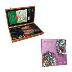 DERWENT - Libro Colorear Mandalas Flores + Set Lápices Caja de Madera