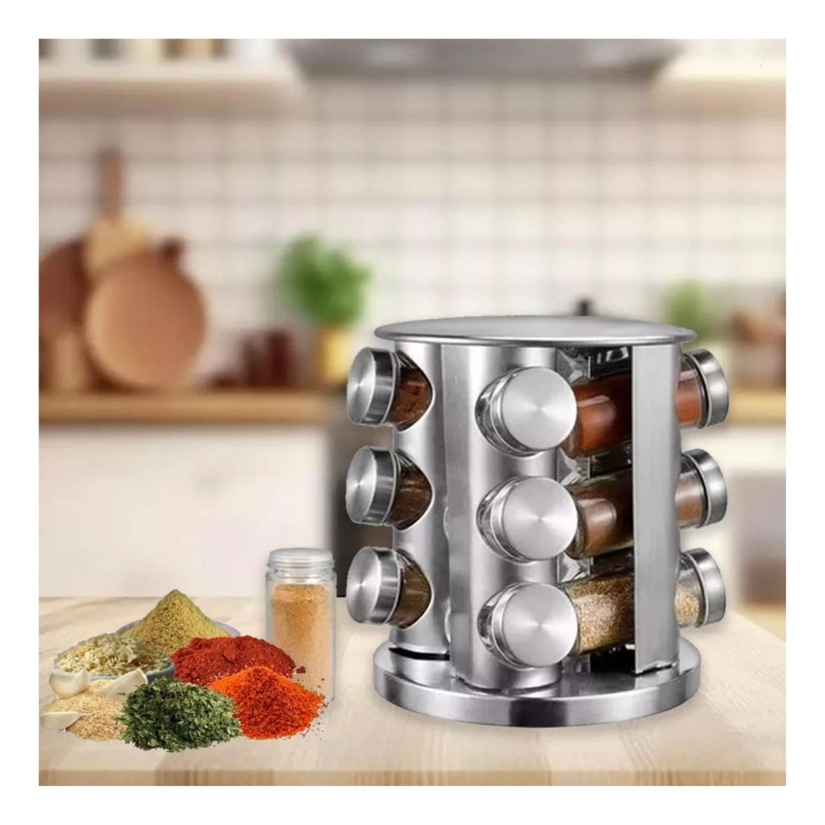 GENERICO - Especiero Carrusel 16 Frascos 19cm Diseño Moderno Plateado