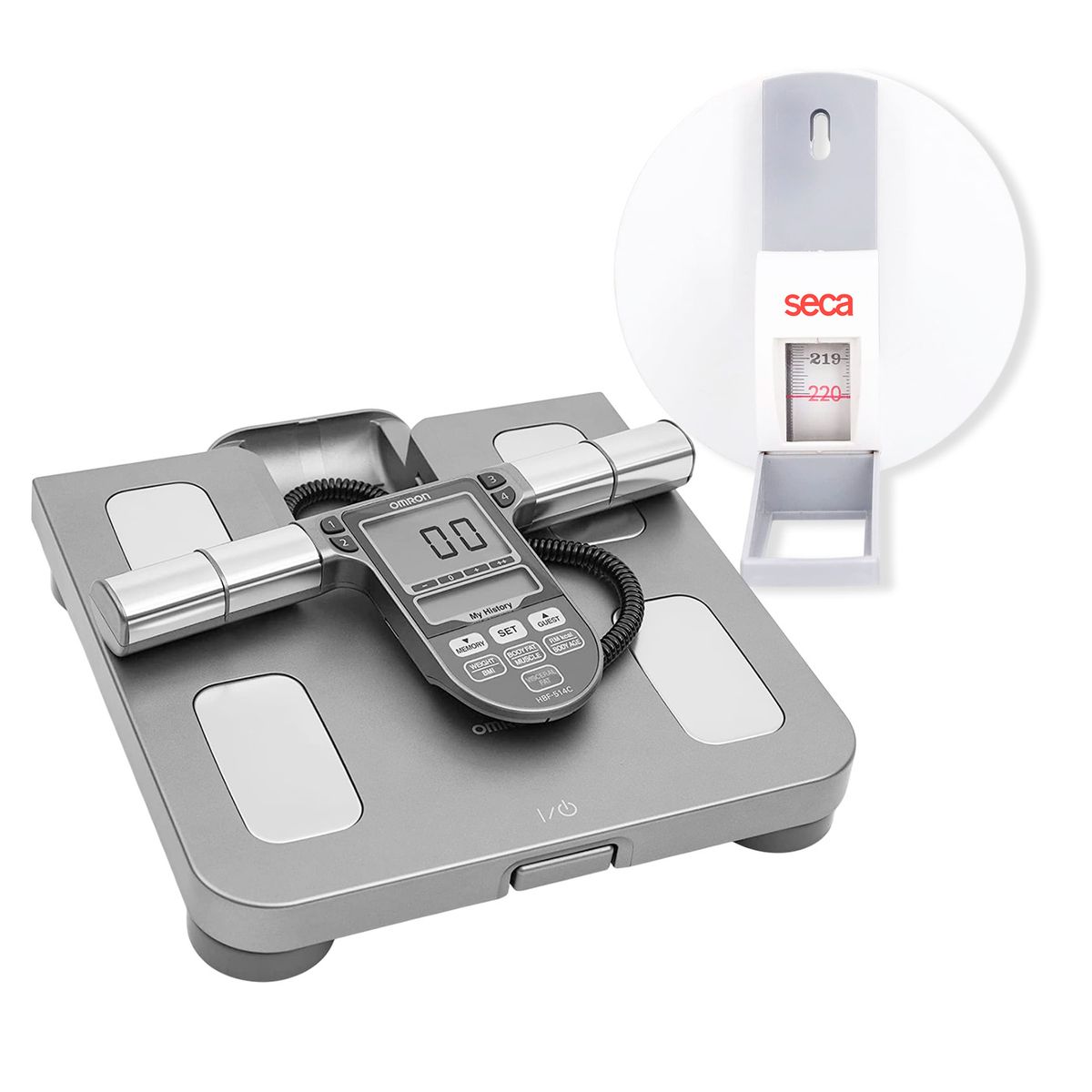 OMRON - Kit Balanza Digital Bioimpedancia Omron Medidor Grasa Corporal + Tallimetro Seca de Pared Portatil