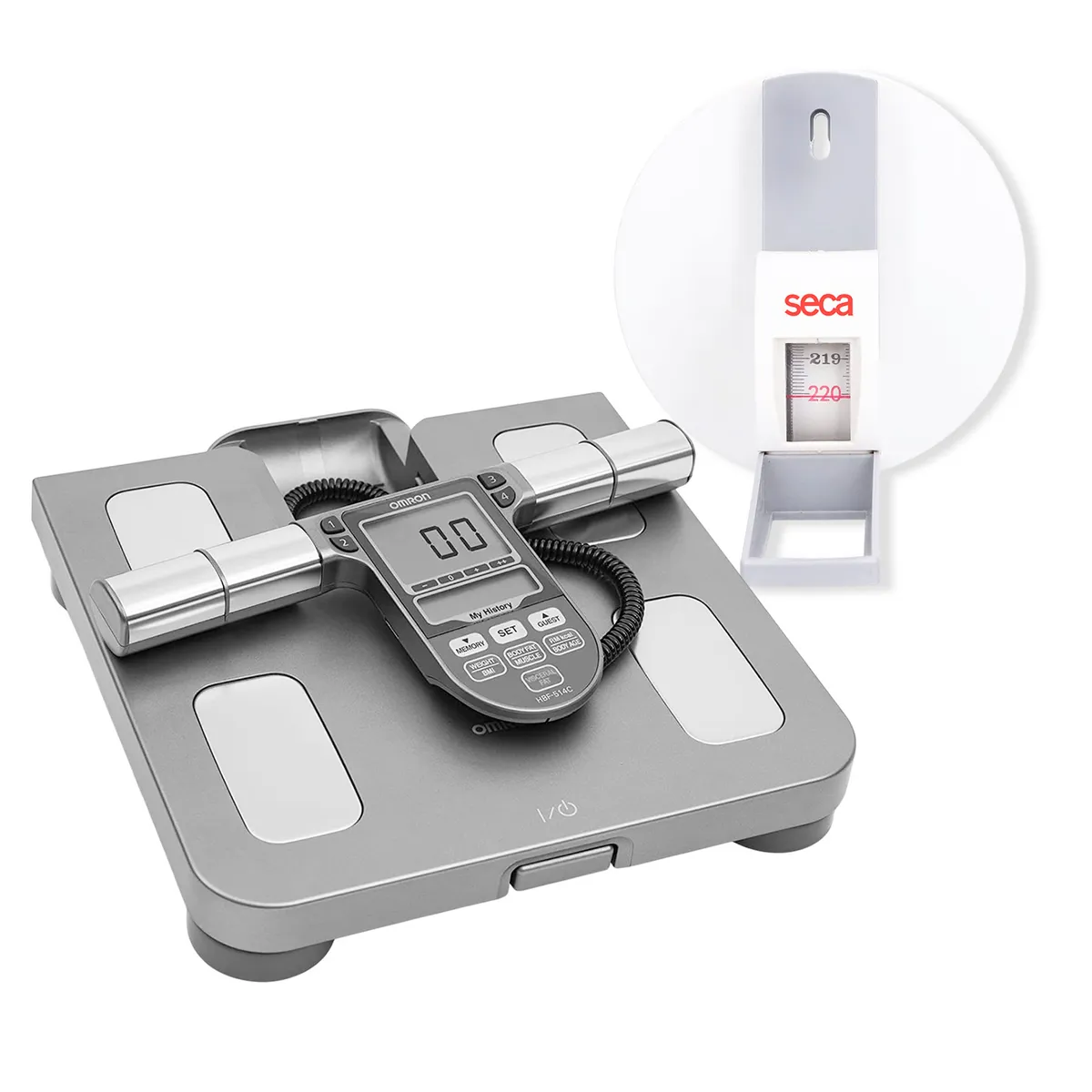 OMRON - Kit Balanza Digital Bioimpedancia Omron Medidor Grasa Corporal + Tallimetro Seca de Pared Portatil