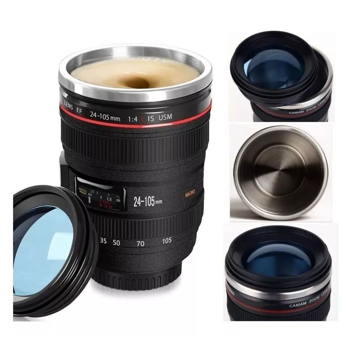 GENERICO - Vaso Cafe Camara Negro 14cm Con Tapa Diseño Moderno