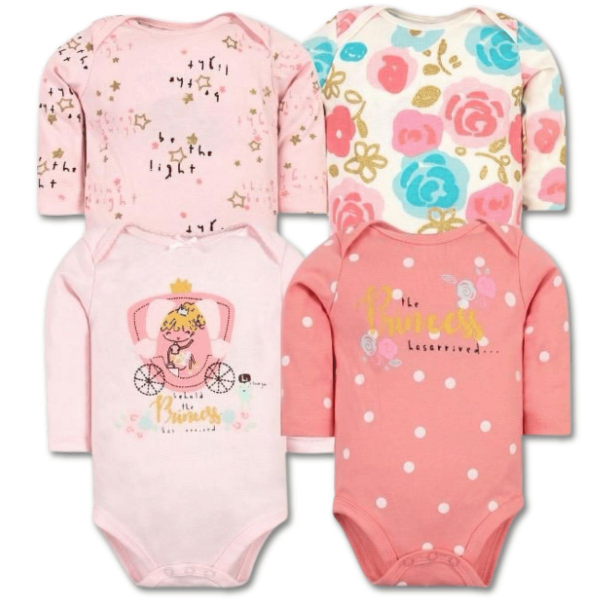 TEDMIMAK - Pack 4 Bodys Bebé Niña Manga Larga Tedmimak 100% Algodón Pink Roses