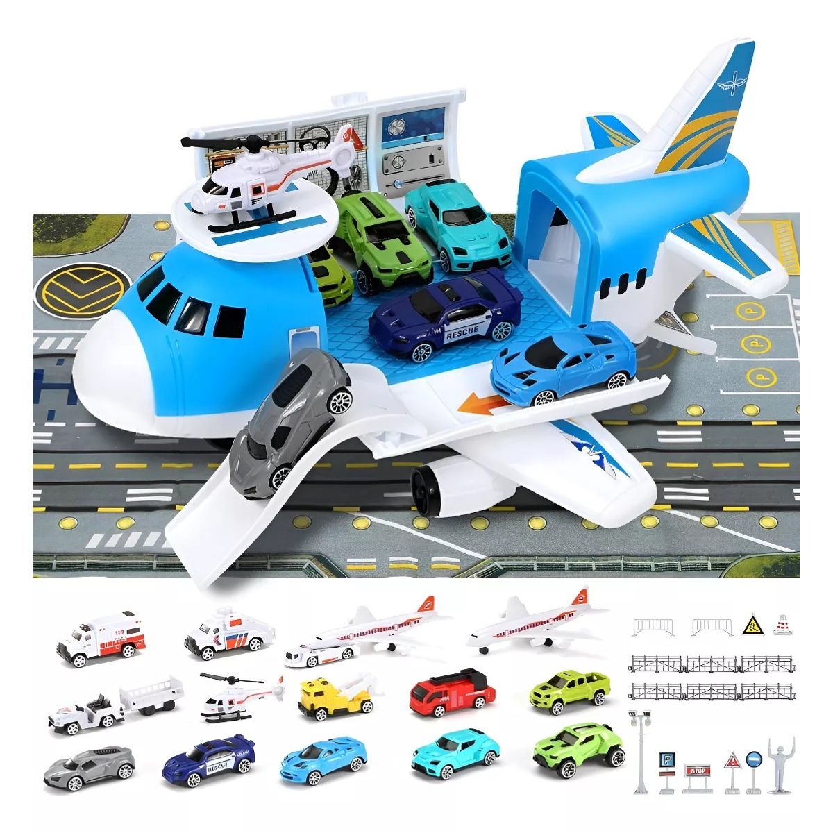 MUNDO MAGIA - Avión De Rescate Porta 12 Vehículos Juguete Para Niños