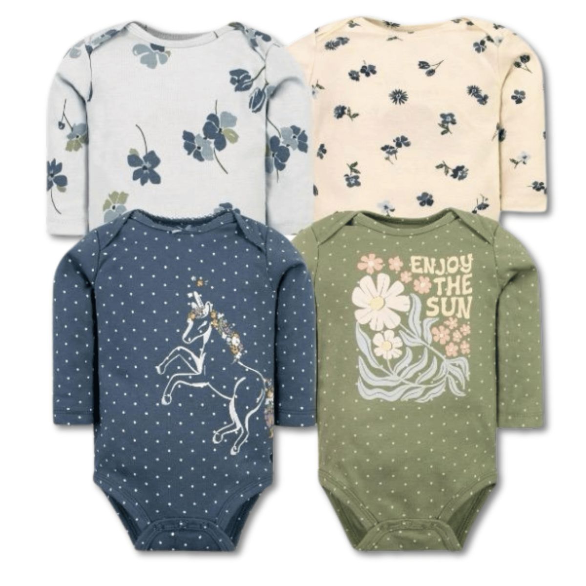 TEDMIMAK - Pack 4 Bodys Bebé Niña Manga Larga 100% Algodón Royal Blue Unicorn