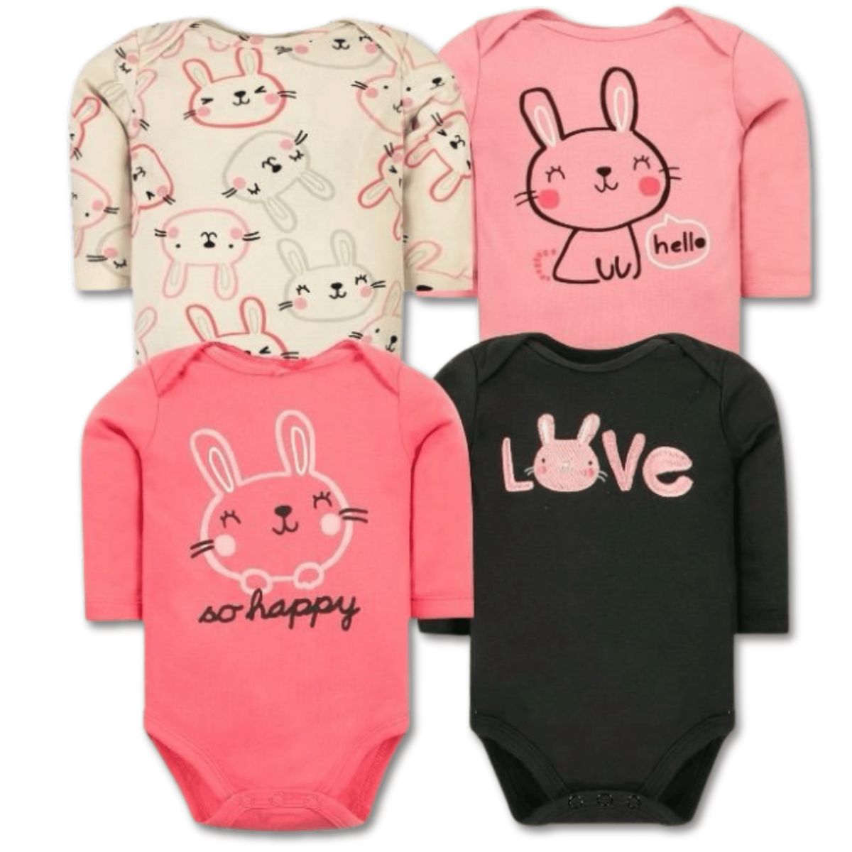 TEDMIMAK - Pack 4 Bodys Bebé Niña Manga Larga 100% Algodón Tiny Bunny Pink