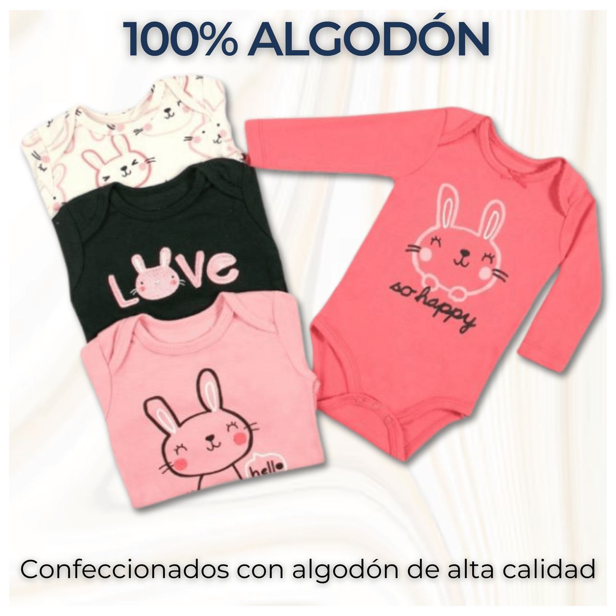 TEDMIMAK - Pack 4 Bodys Bebé Niña Manga Larga 100% Algodón Tiny Bunny Pink